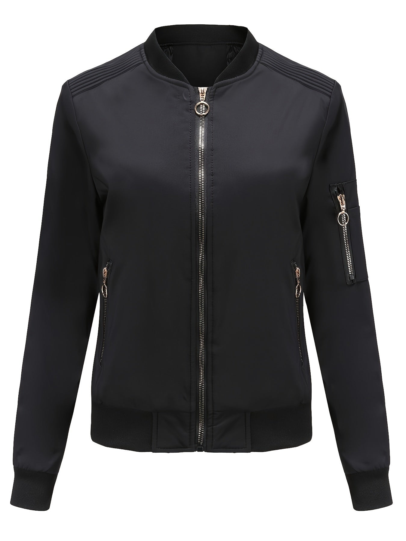 Sophie | Solid Color Polyester Bomber Jacket Featuring Baseball Collar and Zip Pockets