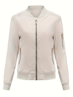 Sophie | Solid Color Polyester Bomber Jacket Featuring Baseball Collar and Zip Pockets