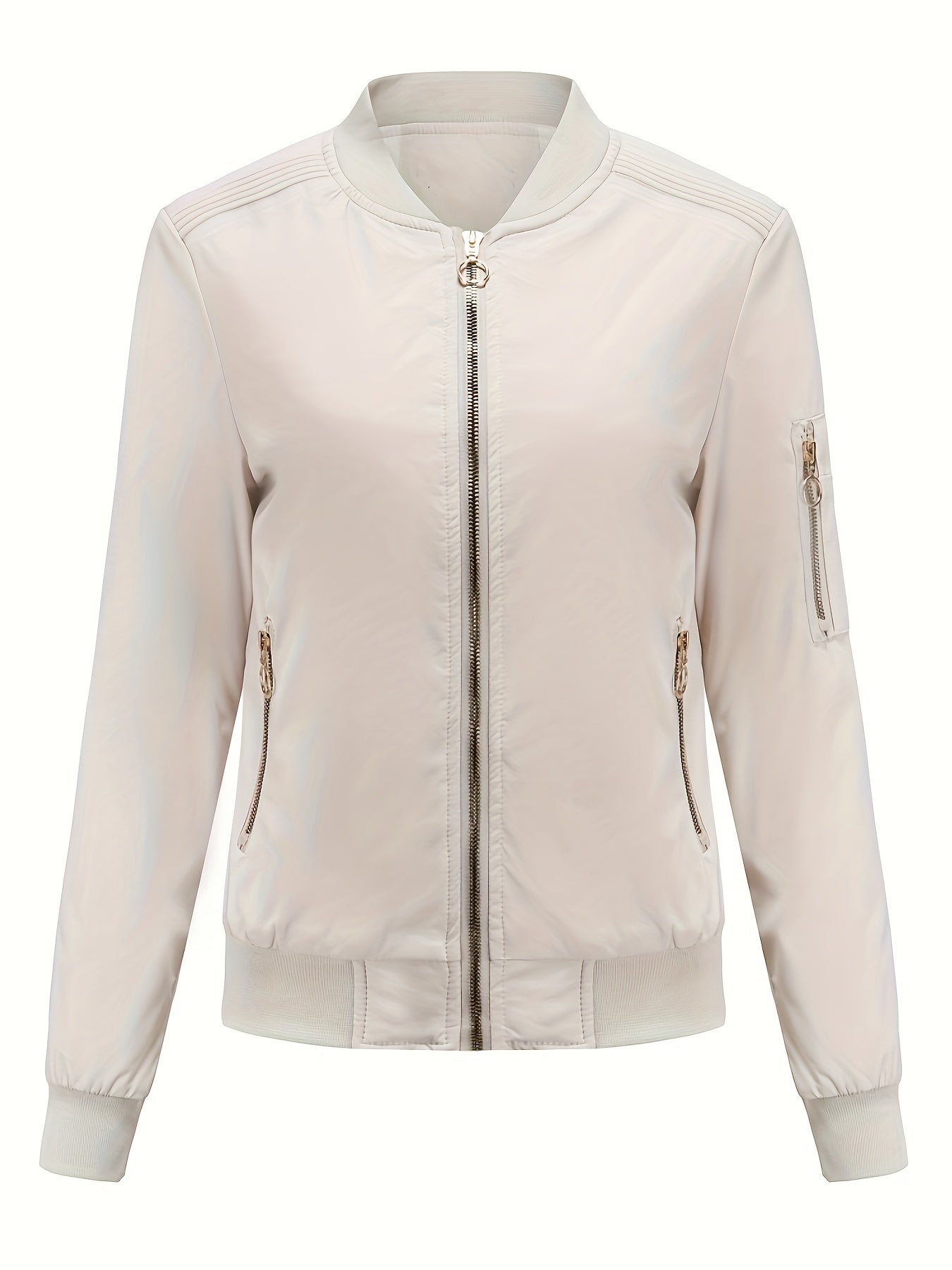 Sophie | Solid Color Polyester Bomber Jacket Featuring Baseball Collar and Zip Pockets