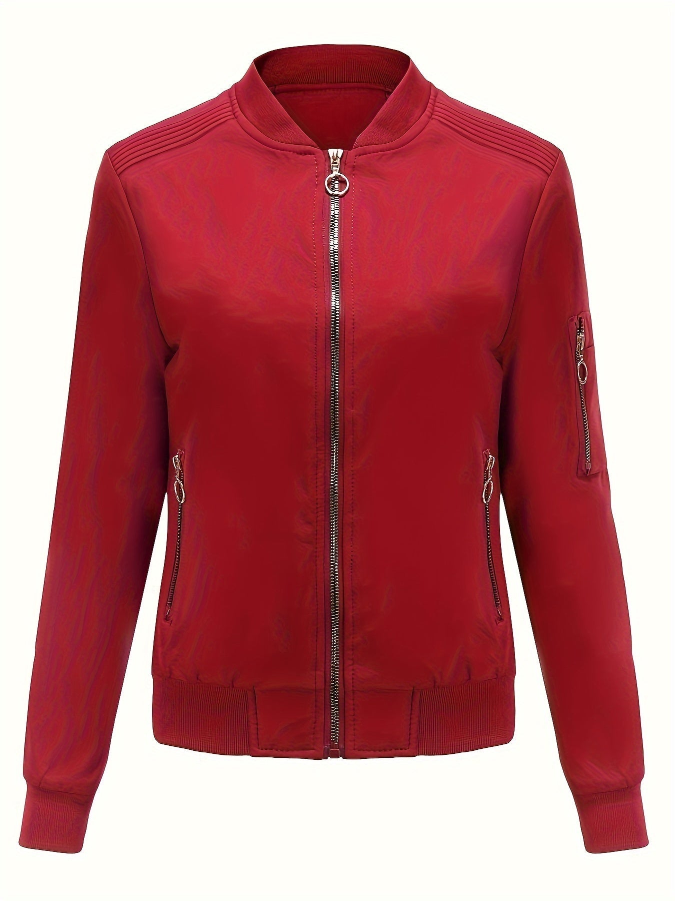 Sophie | Solid Color Polyester Bomber Jacket Featuring Baseball Collar and Zip Pockets
