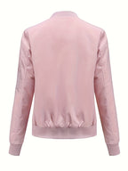 Sophie | Solid Color Polyester Bomber Jacket Featuring Baseball Collar and Zip Pockets