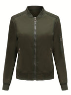 Sophie | Solid Color Polyester Bomber Jacket Featuring Baseball Collar and Zip Pockets