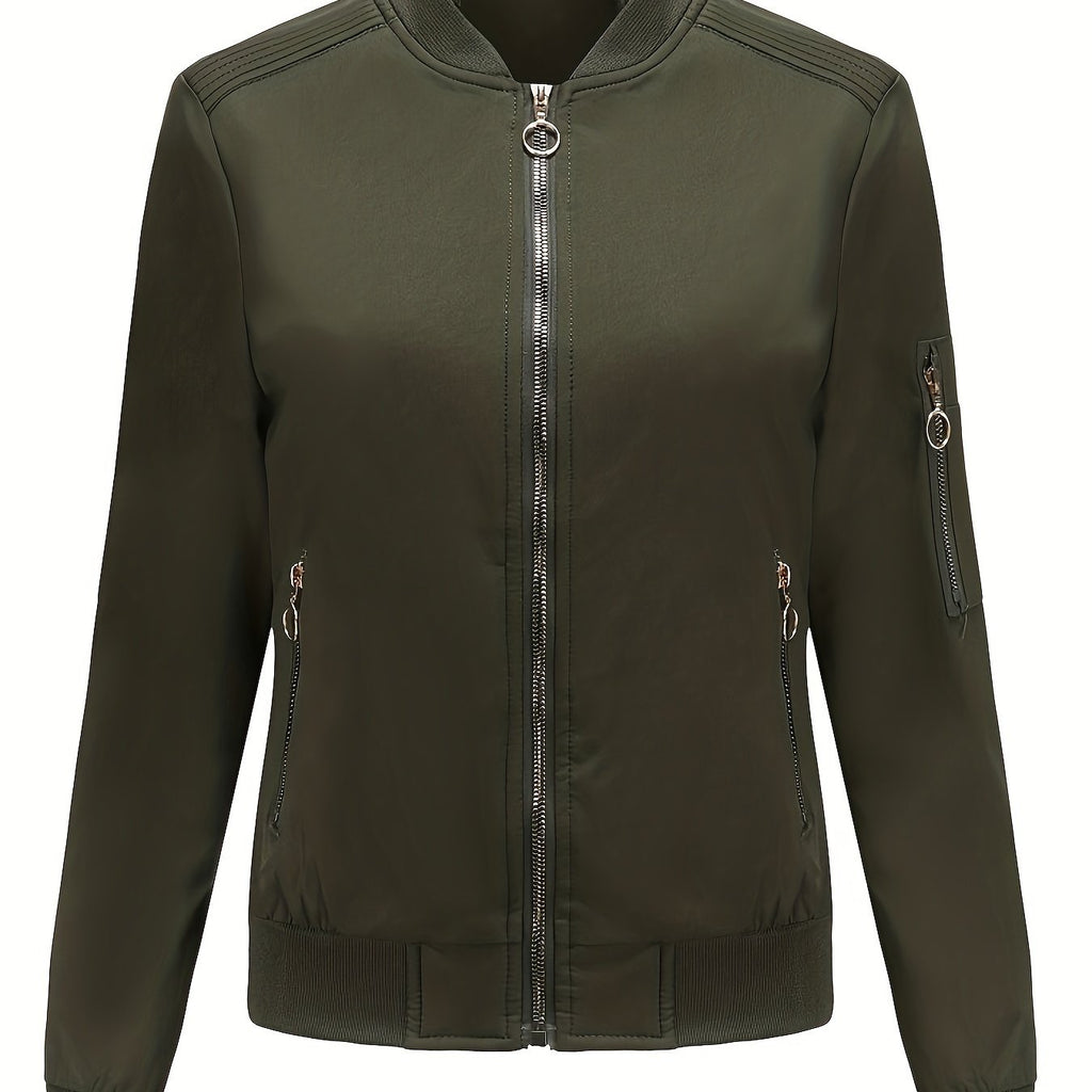 Sophie | Solid Color Polyester Bomber Jacket Featuring Baseball Collar and Zip Pockets