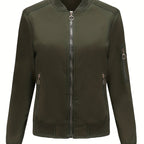Sophie | Solid Color Polyester Bomber Jacket Featuring Baseball Collar and Zip Pockets
