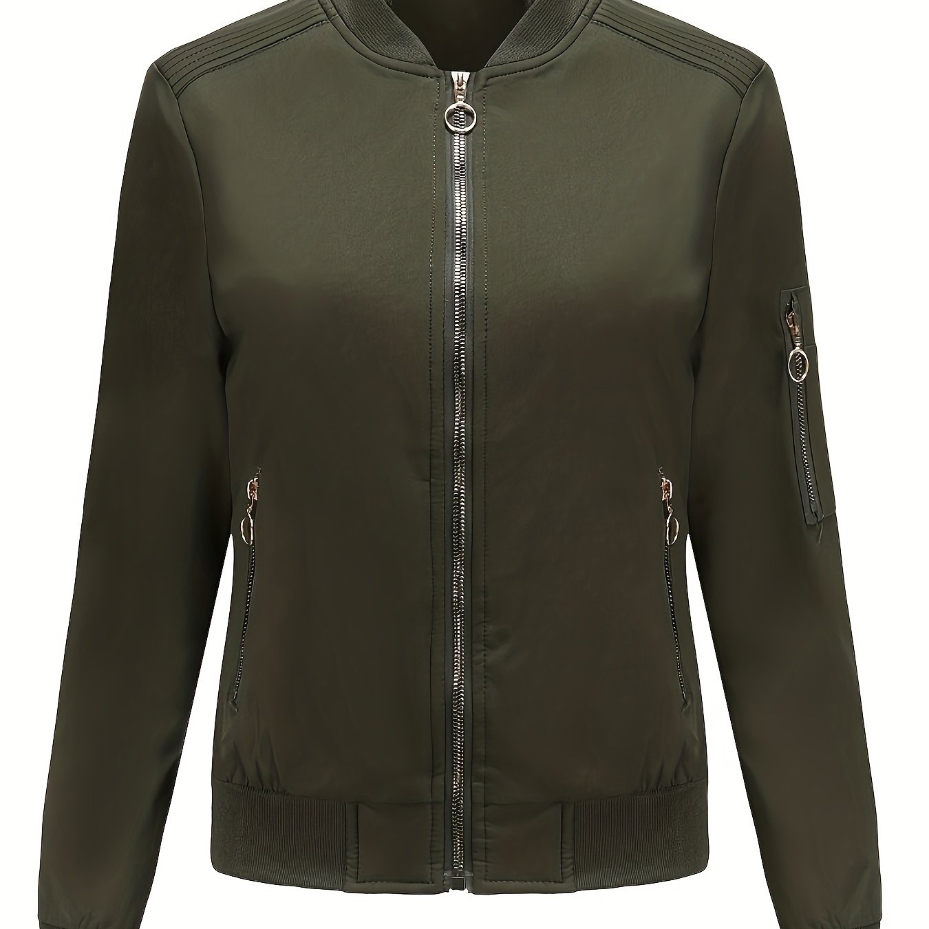 Sophie | Solid Color Polyester Bomber Jacket Featuring Baseball Collar and Zip Pockets