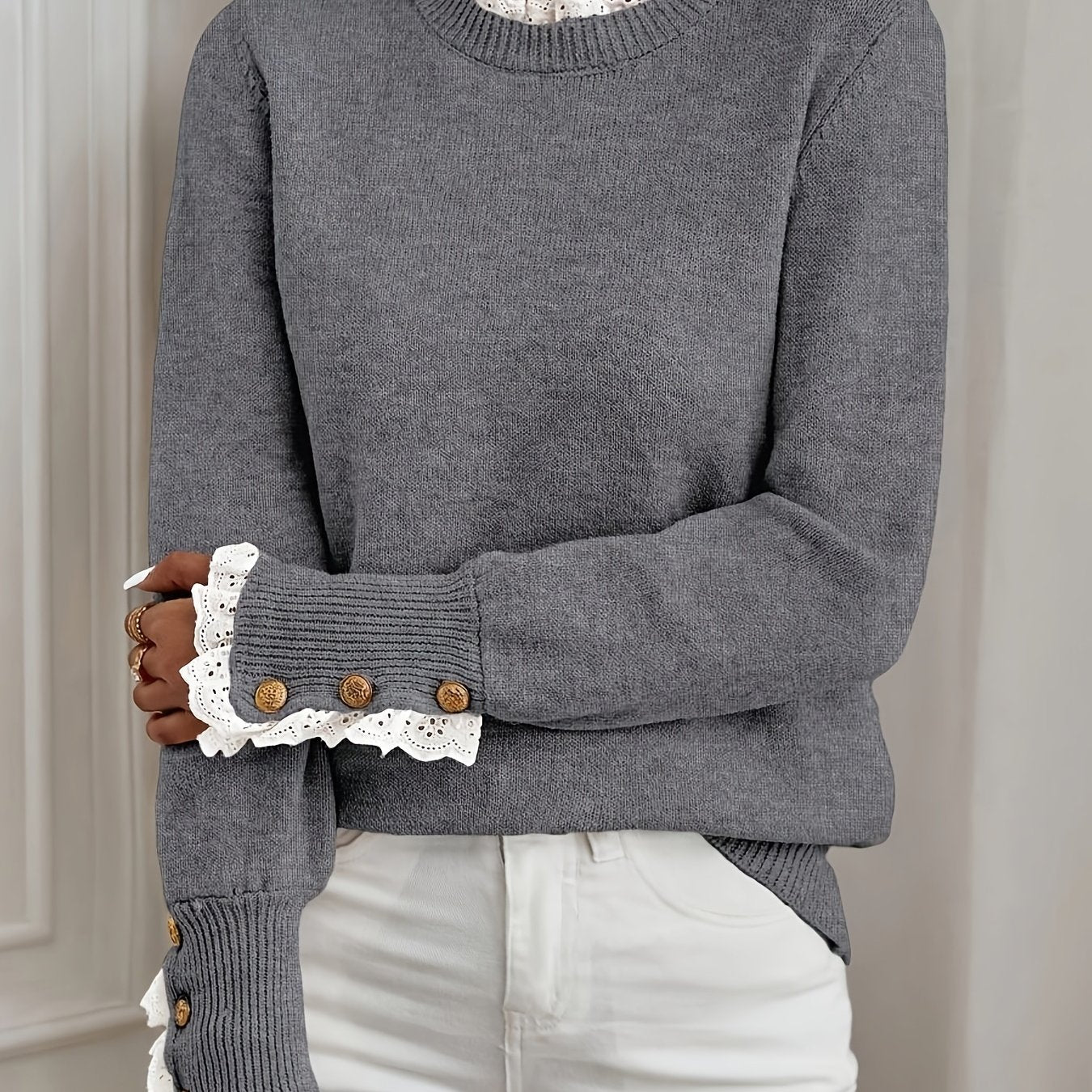 Sophie | Chic Women's Sweater with Lace Trim and Round Neck