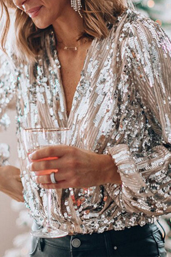 Chic Long-Sleeve Party Blouse for Women with Glittering Sequins