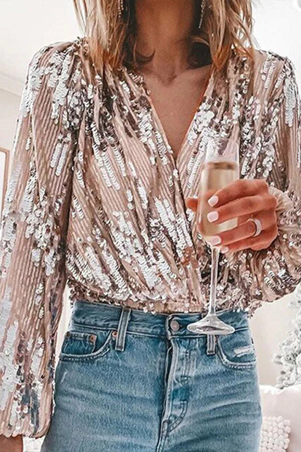 Chic Long-Sleeve Party Blouse for Women with Glittering Sequins