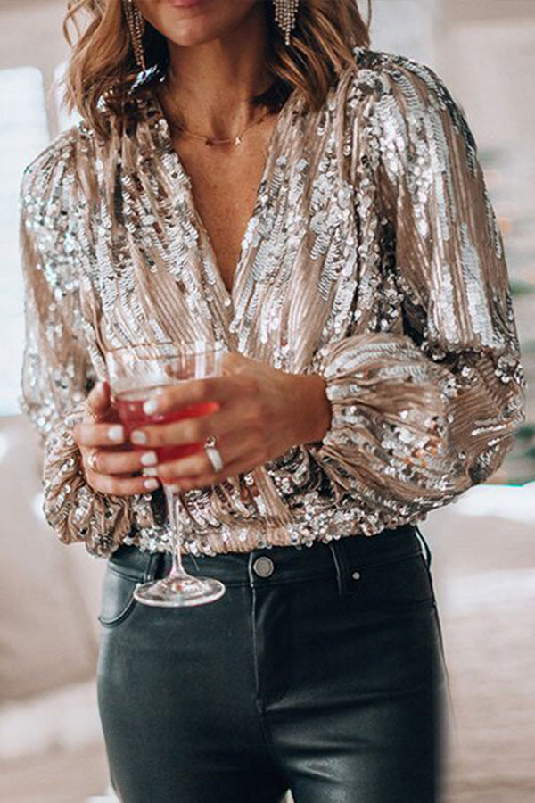 Chic Long-Sleeve Party Blouse for Women with Glittering Sequins