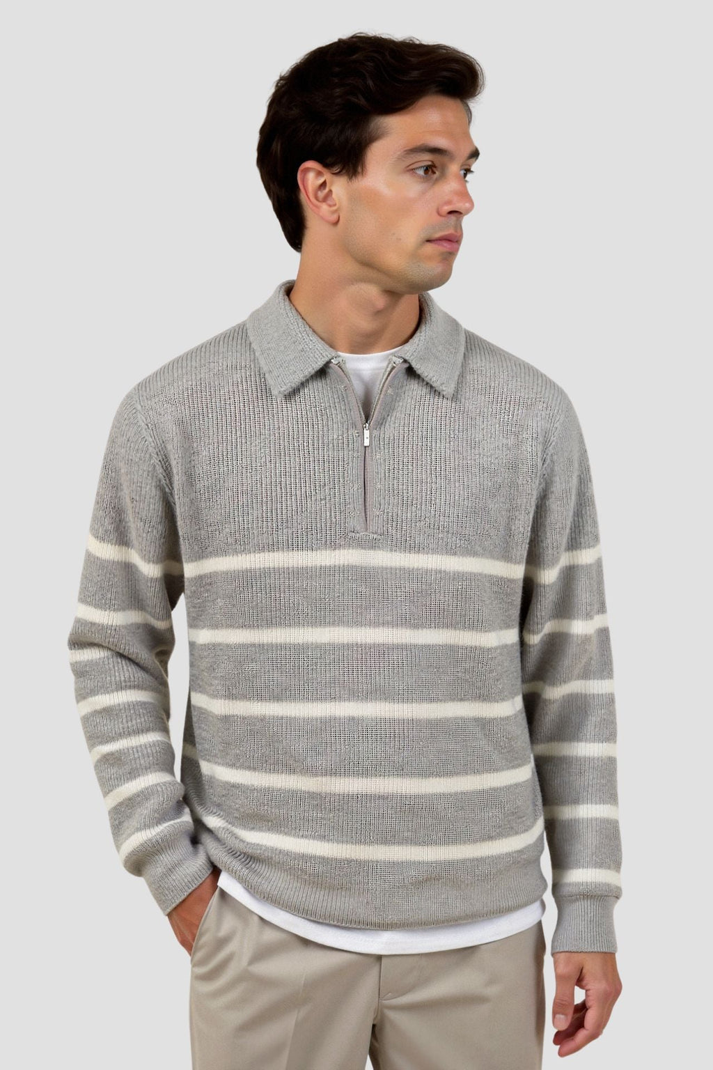 Stijn | Zip-Up Sweater in Striped Wool Blend