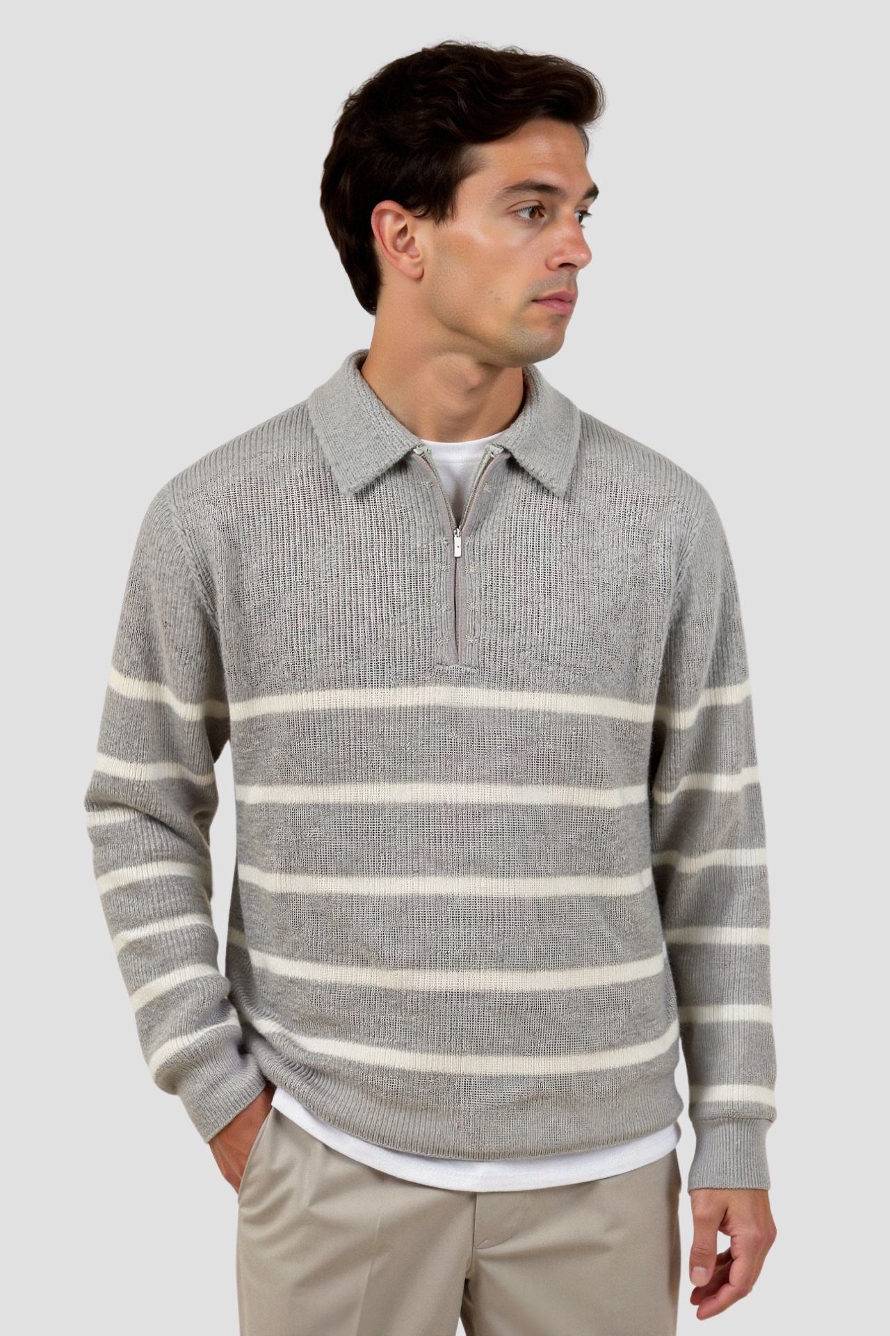 Stijn | Zip-Up Sweater in Striped Wool Blend