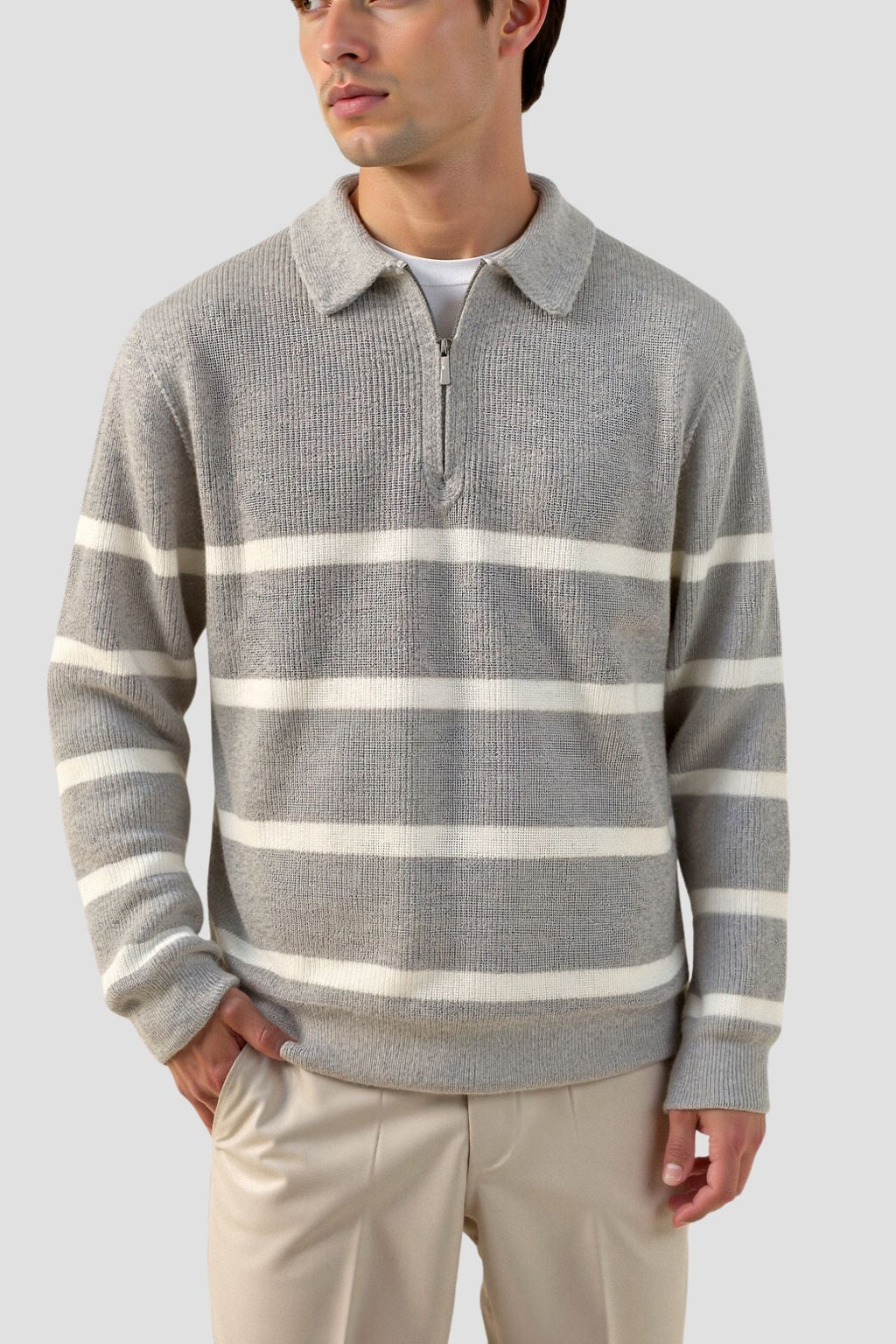 Stijn | Zip-Up Sweater in Striped Wool Blend