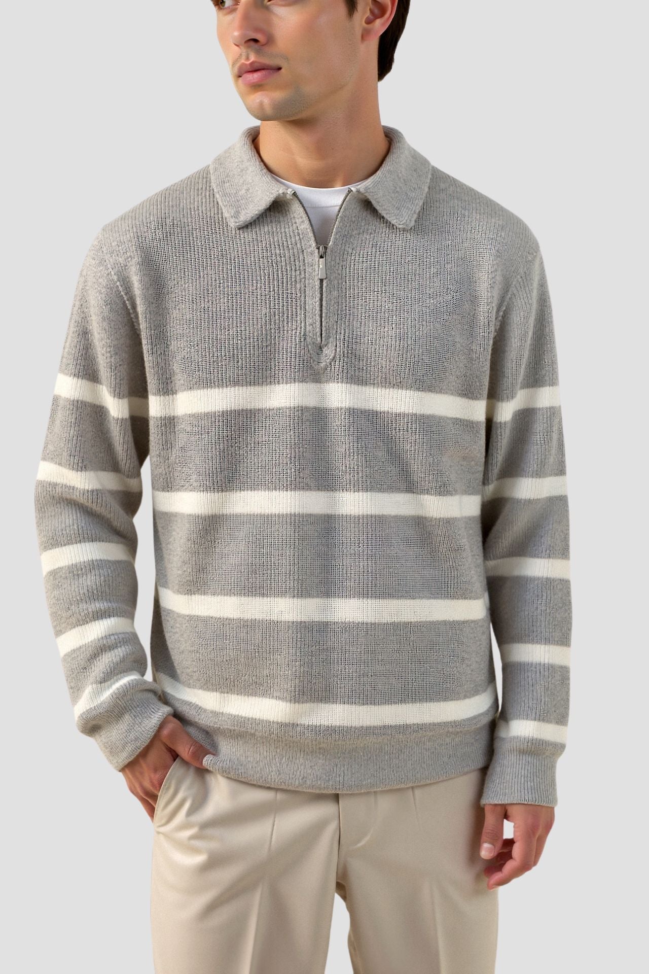 Stijn | Zip-Up Sweater in Striped Wool Blend