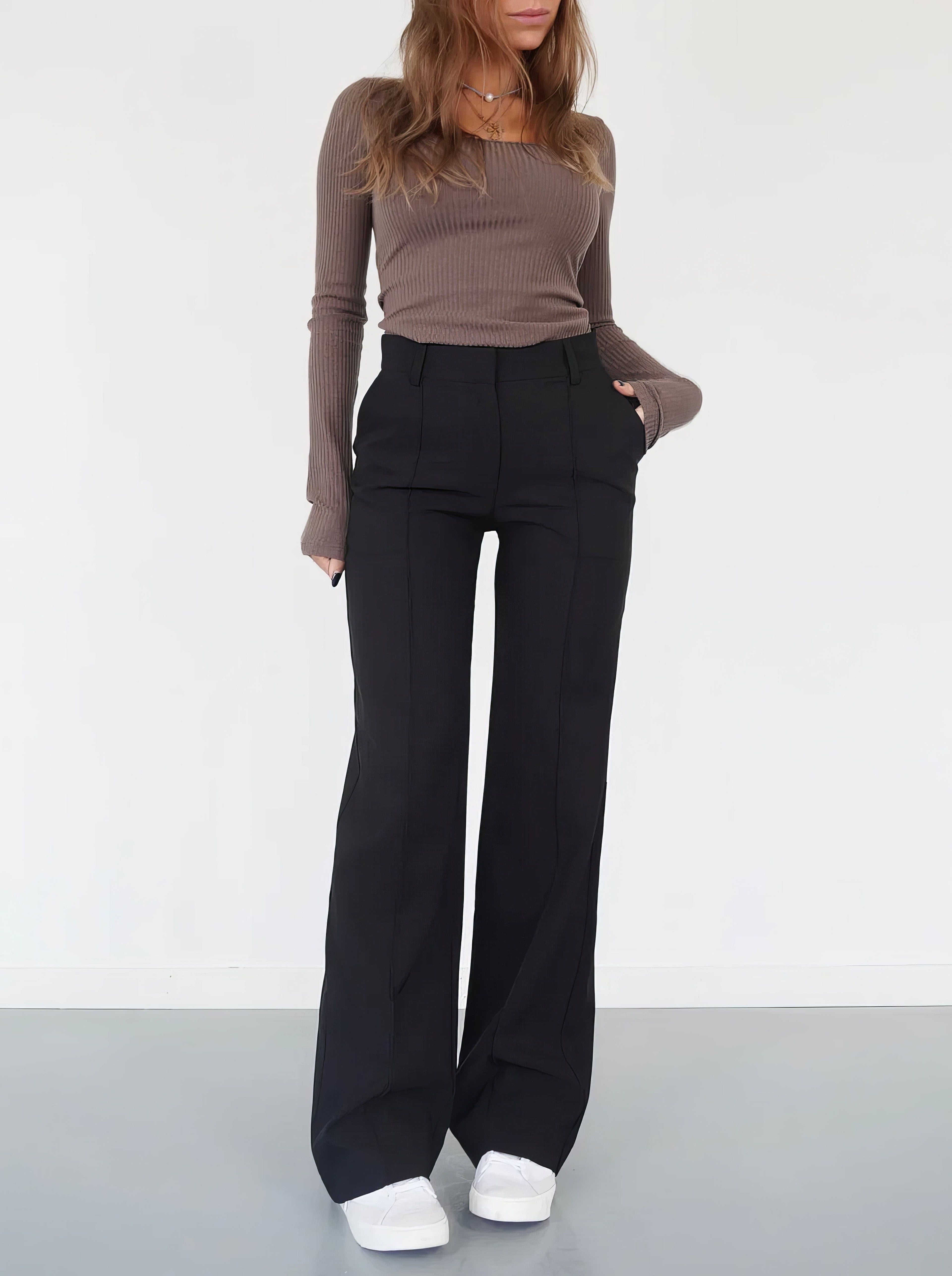 High-Waisted Wide Leg Trousers for Women with Pockets and Belt Loops
