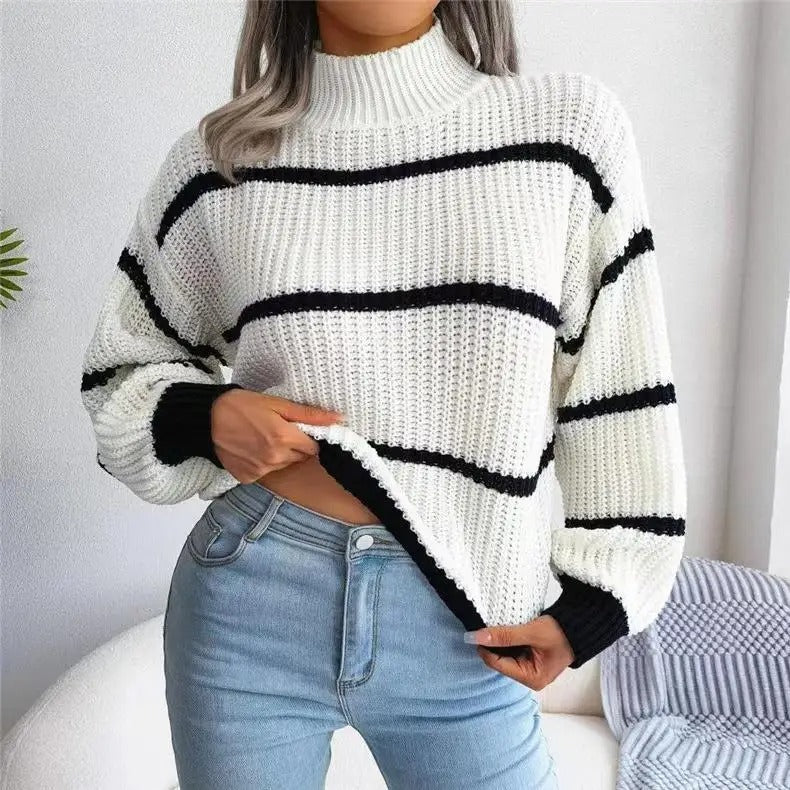 High-Neck Striped Wool Jumper for Women