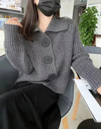 Wool-Lined Ladies' Sweater with Turn-Down Collar and Button Detail
