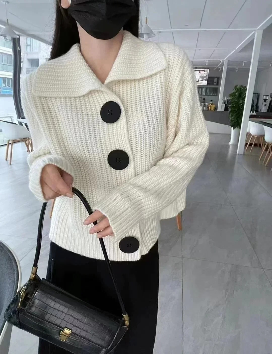 Wool-Lined Ladies' Sweater with Turn-Down Collar and Button Detail