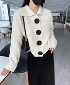 Wool-Lined Ladies' Sweater with Turn-Down Collar and Button Detail