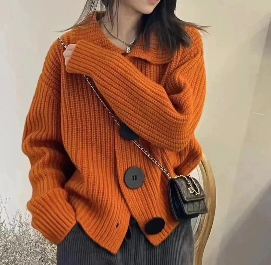 Wool-Lined Ladies' Sweater with Turn-Down Collar and Button Detail