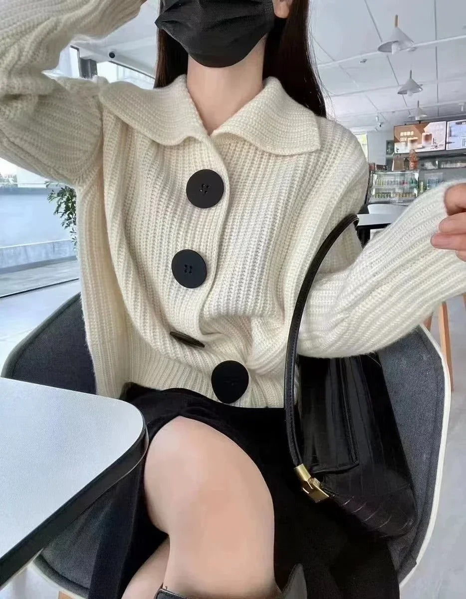 Wool-Lined Ladies' Sweater with Turn-Down Collar and Button Detail